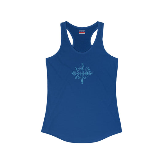 Racerback Tank-Top, Papa-Legba veve, White on Royal-Blue