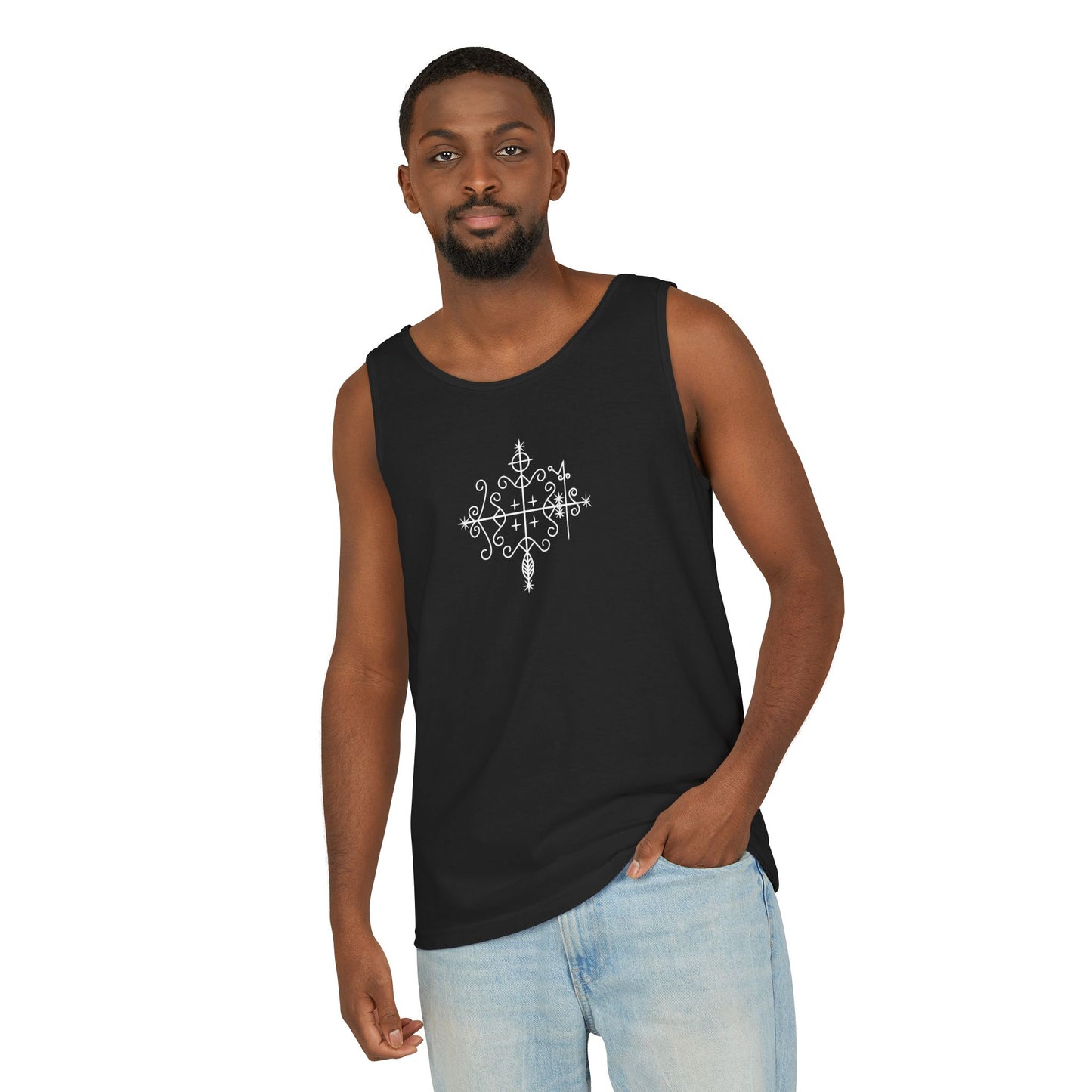 Uni Tank-Top Papa-Legba veve, White on Black